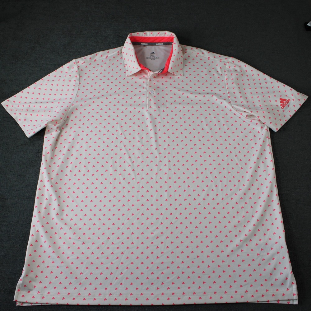 Adidas Mens 2XL Golf Polo Shirt White Pink All Over Logo Print Short Sleeve